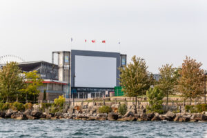 Toronto, Canada, September 15, 2020; Drive in movie screen at Ontario Place to show Toronto International Film Festival TIFF films with social distancing during covid-19 pandemic