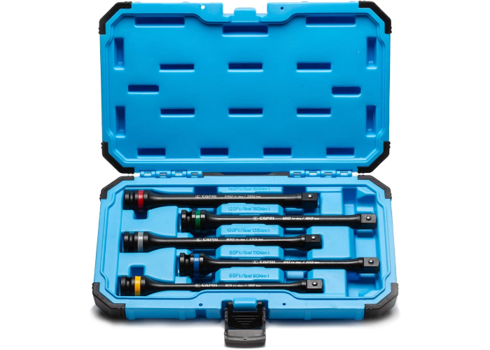 blue plastic tool case open to show five torque sticks inside