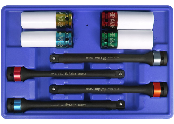 periwinkle blue plastic tool tray holding four torque sticks and four sockets