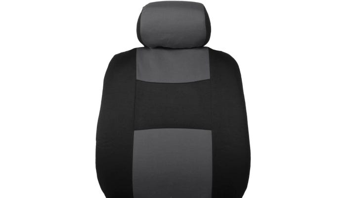 Black and gray car seat cover that covers headrest