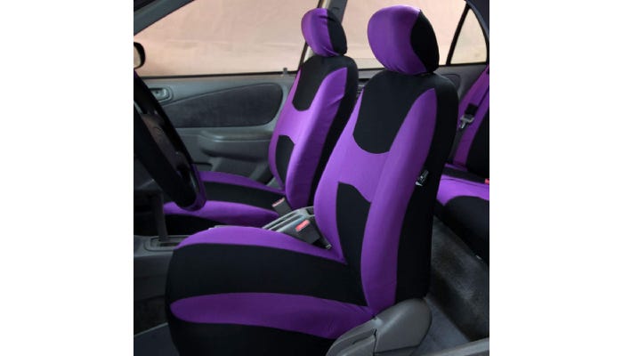 Two-tone purple and black front and back car seat covers are shown covering the interior seats of a car.