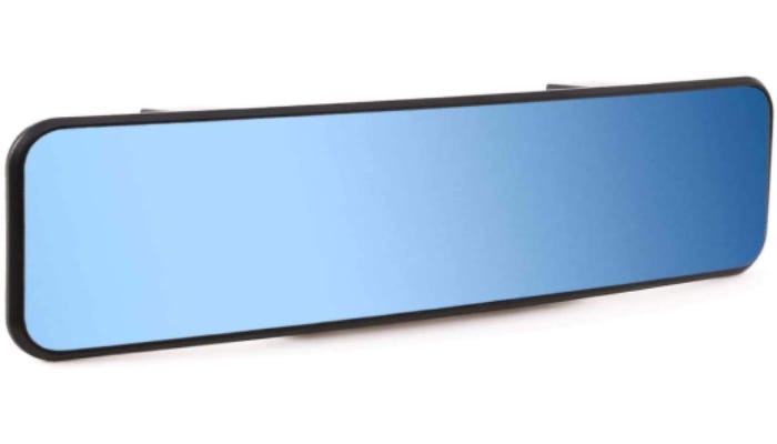 A long blue-tinted car rearview mirror is displayed. 