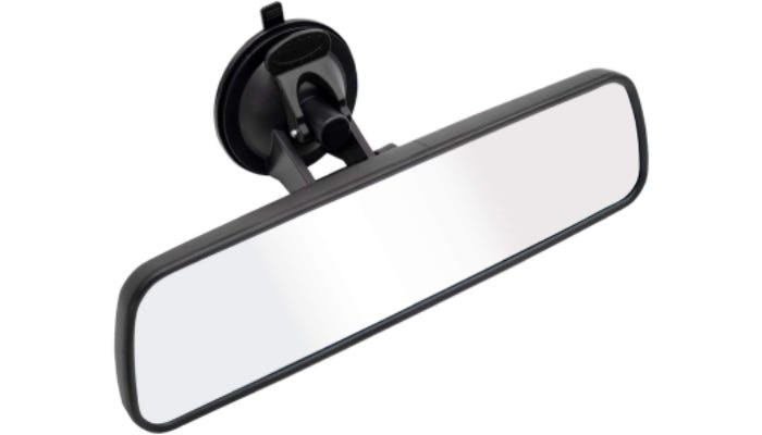 A car rearview mirror with a suction cup attachment is displayed.