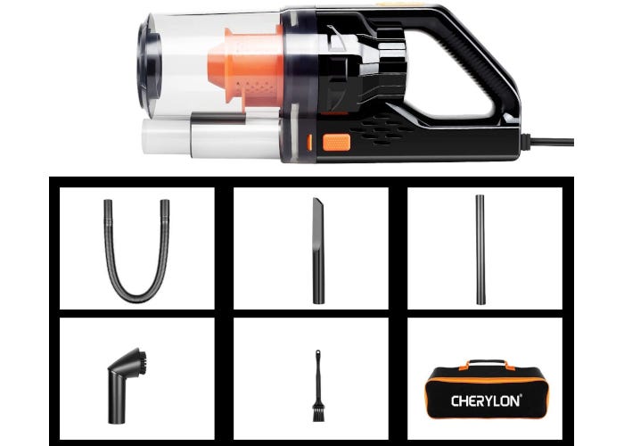 Black corded car vacuum cleaner pictured with storage bag, three vacuum attachments, a brush, and extension tube. 