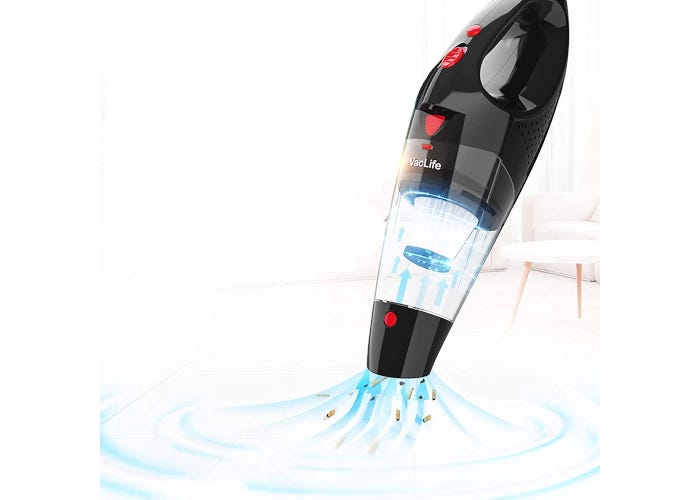 Black cordless car vacuum with detachable dust compartment.