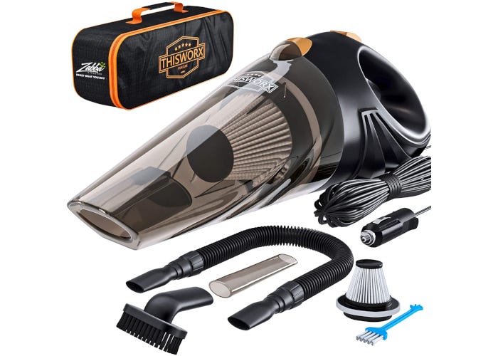 Black and orange cordless car vacuum pictured with extra-long power cord, HEPA filter, carrying case, and three vacuum attachments.