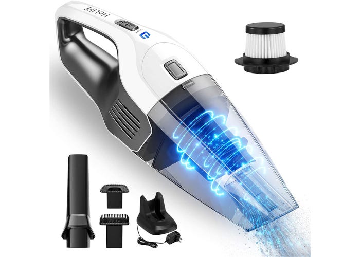 White and black cordless wet and dry car vacuum pictured with HEPA filter, battery charger, and vacuum attachment.s