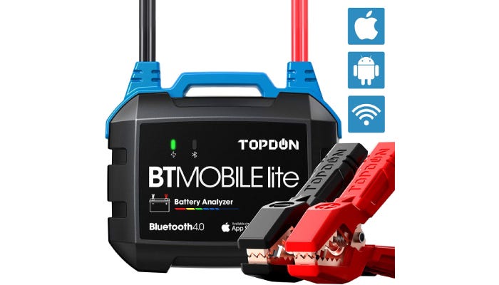 Car battery tester with clamps and icons for Mac, Android, and WiFi