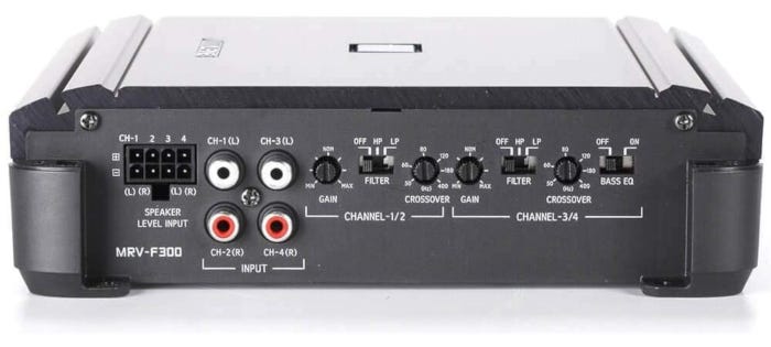 Alpine MRV-F300 4-Channel Car Amp featuring compact chassis with snap-on terminal covers