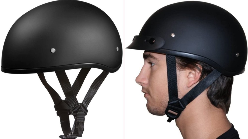 On the left, a dull black helmet that has a Y-Strap lock retention system. On the right, a man wears the black helmet. 