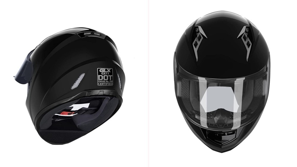 A front and back view of a pearlescent black full-face helmet with a buckle chin strap.