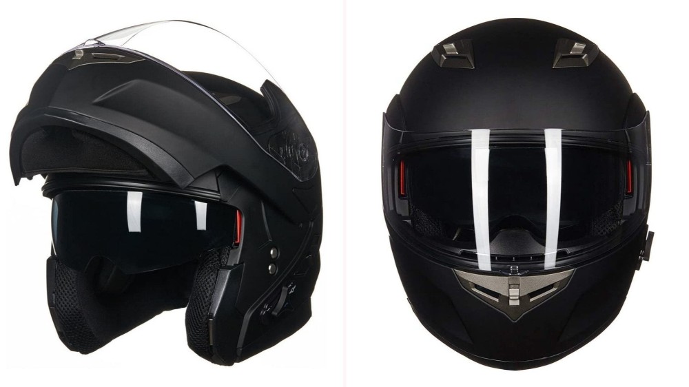 On the left, a matte black full-face helmet with a Blueetooth button on the side of the face and the face guard pulled up. On the right, a front view of the closed helmet.