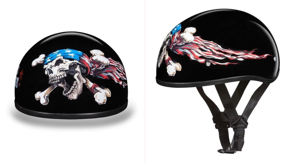 A front and side view of a hi-gloss black helmet with a skull and crossbones, which is wrapped in the flag of the United States. 