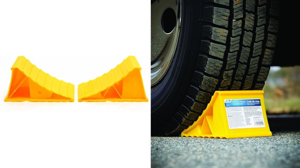 On the left, two bright yellow wheel chocks face each other. On the right, the wheel chock sits under the tire of a parked vehicle. 