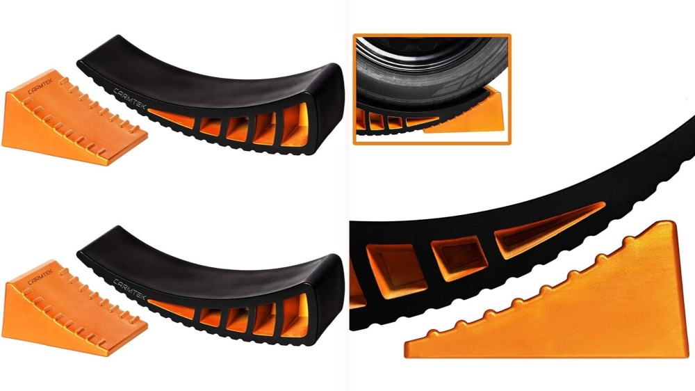 On the left, two orange wheel chocks sit next to two black levelers. On the right, a close-up view of the grooves on the wheel chock sliding into the groove channels on the leveler. 