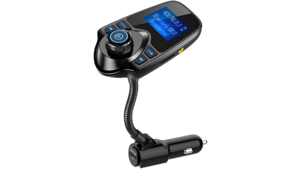 Black car Bluetooth adapter with flexible gooseneck, aux jack, and 12V adapter.