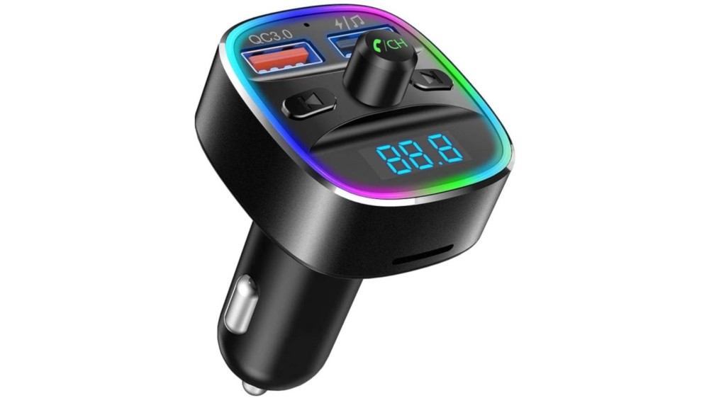 Bluetooth FM transmitter with USB Quick Charge 3.0 port, USB media port, and LED lighting.