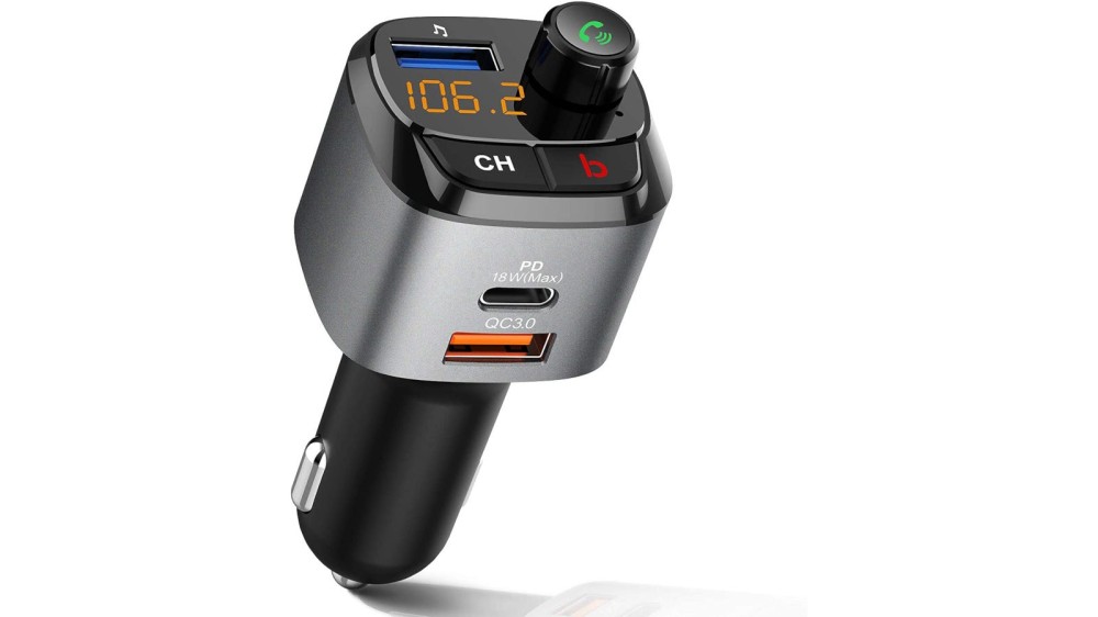 Black Bluetooth car FM radio adapter with USB-C and USB Quick Charge port.