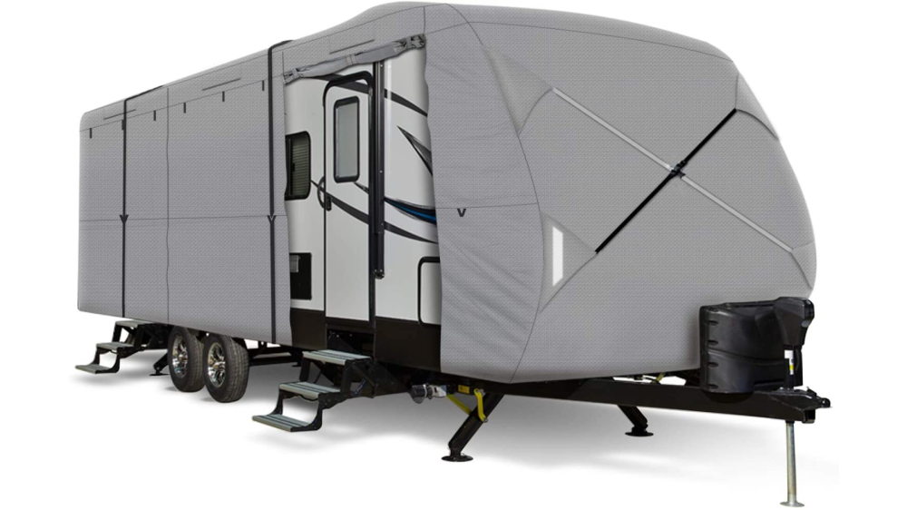 Gray RV cover shown covering RV. Door is uncovered