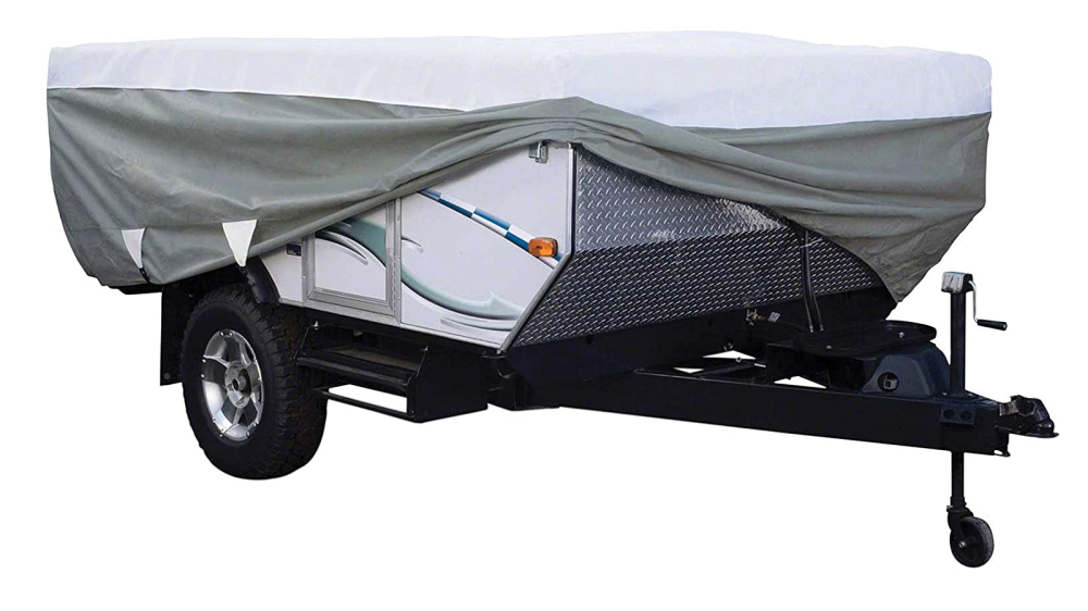 Pop-up trailer cover shown covering RV with edge lifted.