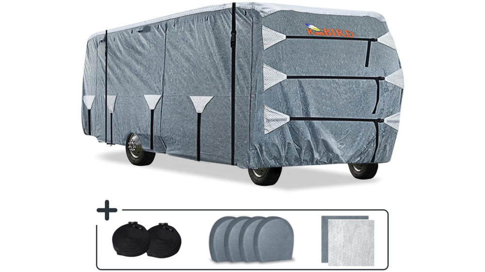 Gray RV cover, completely in place. On bottom row several accessories are shown