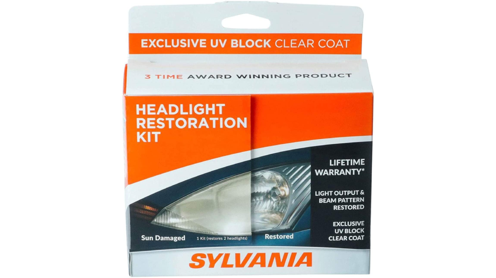 The white and orange box packaging of SYLVANIA UV block clear coat.