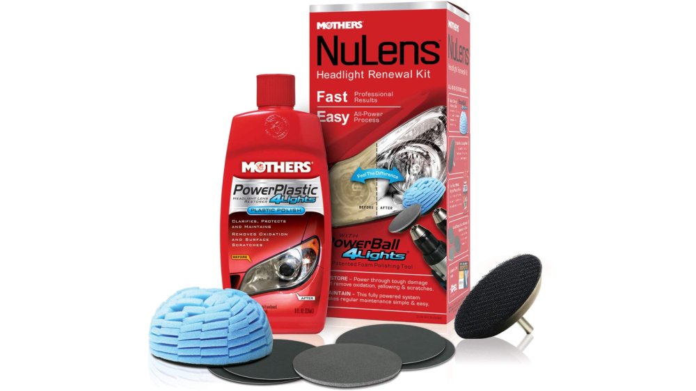 Image of product package in background, with the red bottle of polish, blue sponge, and several polishing pads in front.