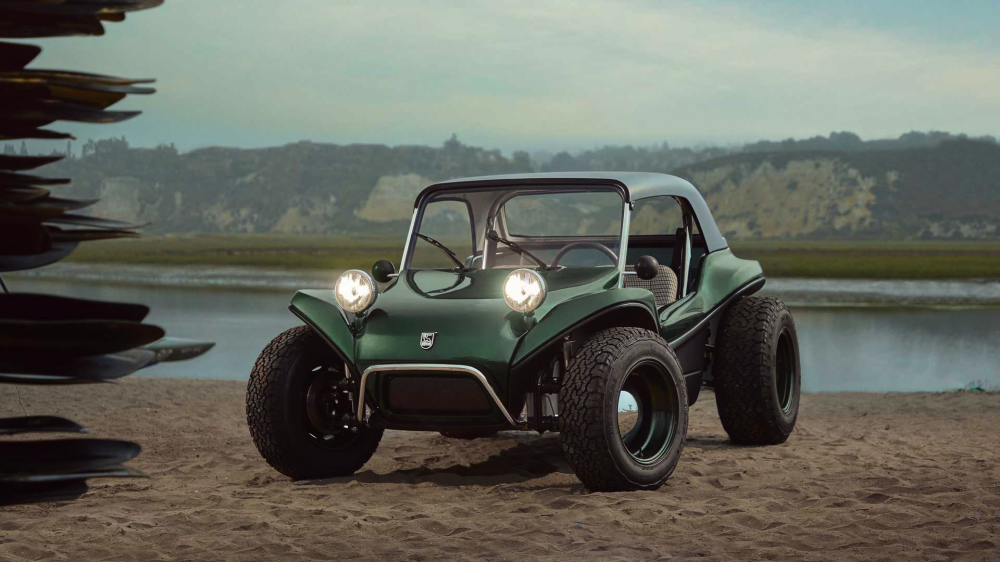 The Meyers Manx 2.0 EV near a lake.