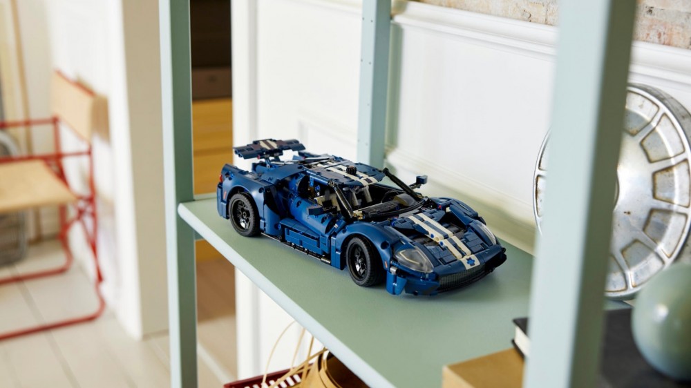 LEGO Ford GT displayed on a shelf.