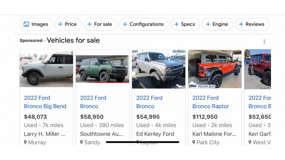 Google search results showing Ford Broncos for sale