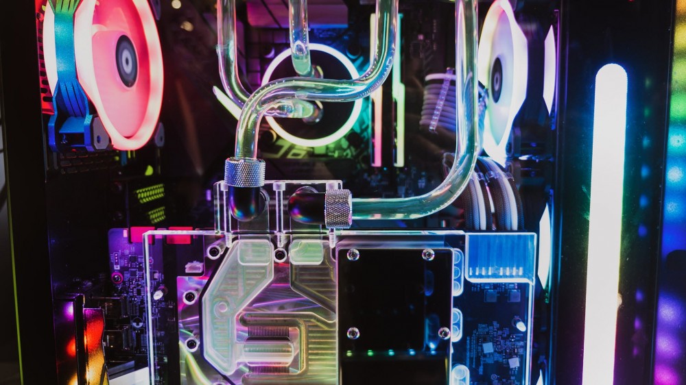 The inside of a PC showing an extensive water cooling system